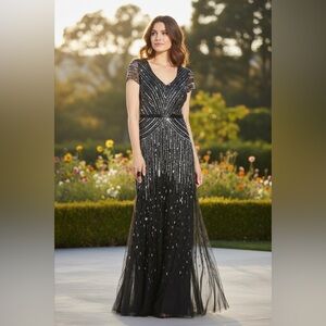 Adrianna Papell Gunmetal Sequin Beaded Fully Lined Long Formal Evening Dress